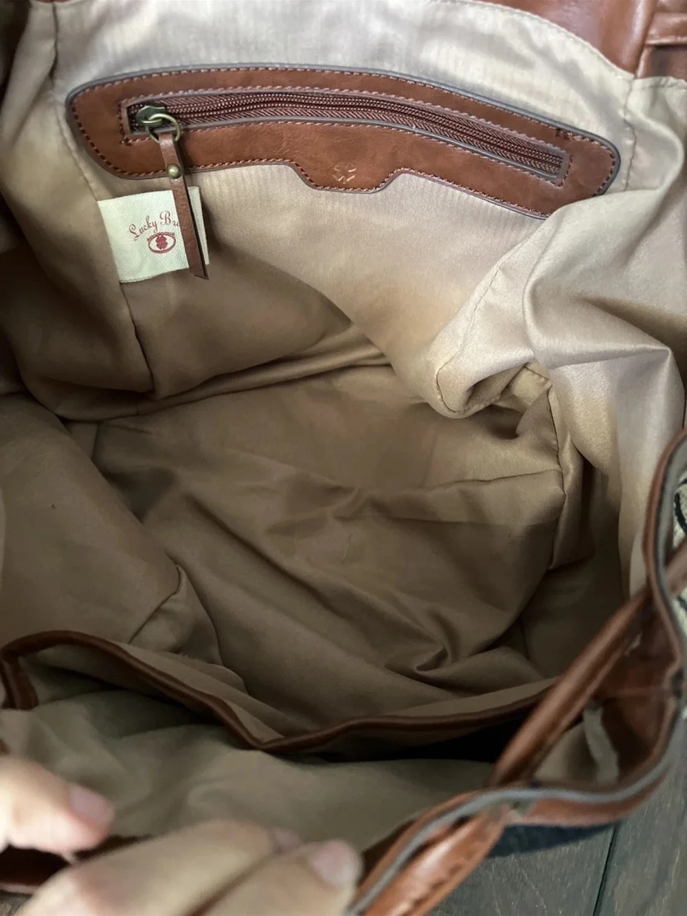 Lucky Brand Kendal Striped Canvas & Brown Leather Drawstring Backpack
